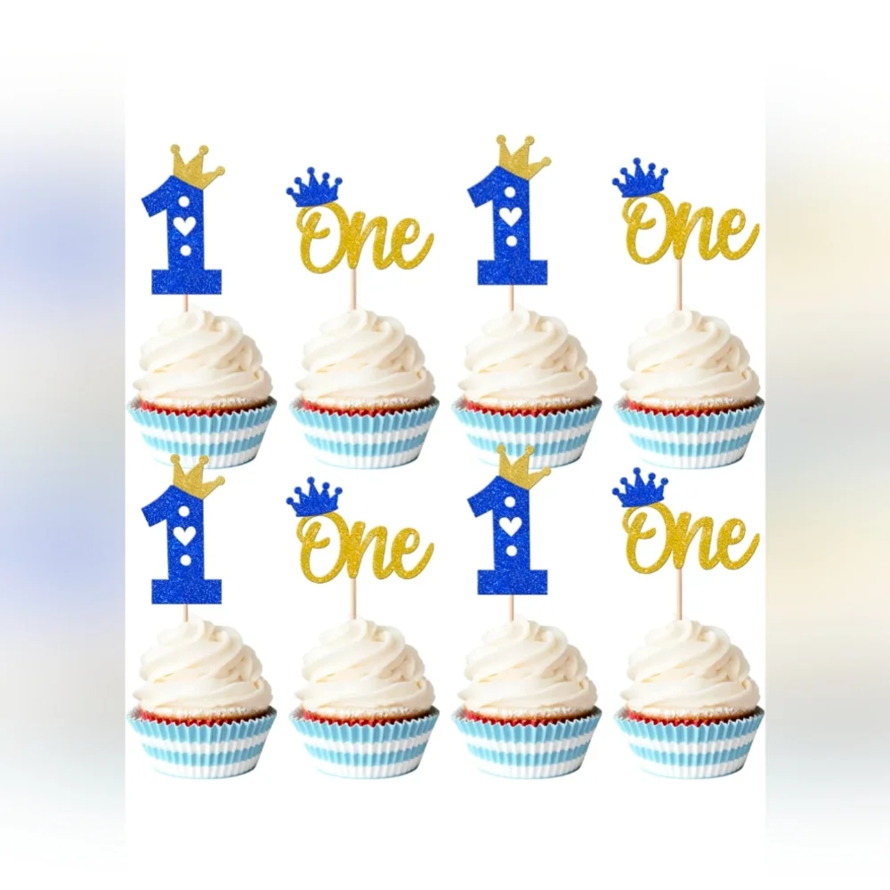 First Birthday Cupcake Toppers - Glitter One Crown Heart Cupcake Picks, 23-Piece